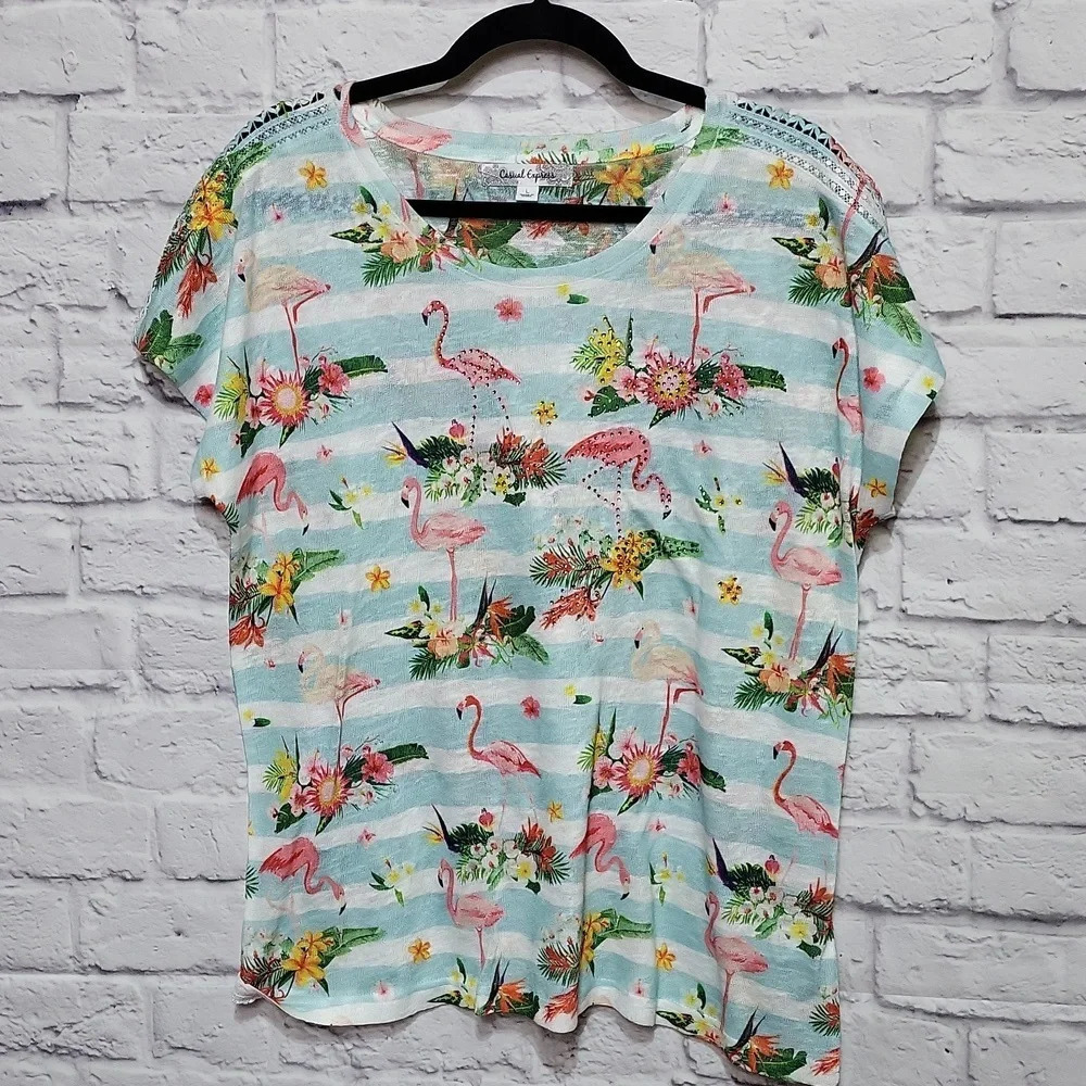 Flamingo Tropical‎ Summer Shirt Casual Express L Sequin Embellished Never worn